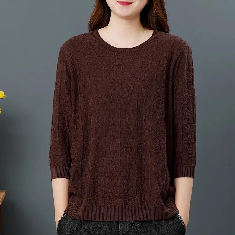 

Autumn Thin Round Neck Three-quarter Sleeve Sweater Women s Mother Blouse Loose Straight Fashion Bottoming Shirt Women XS кофейный