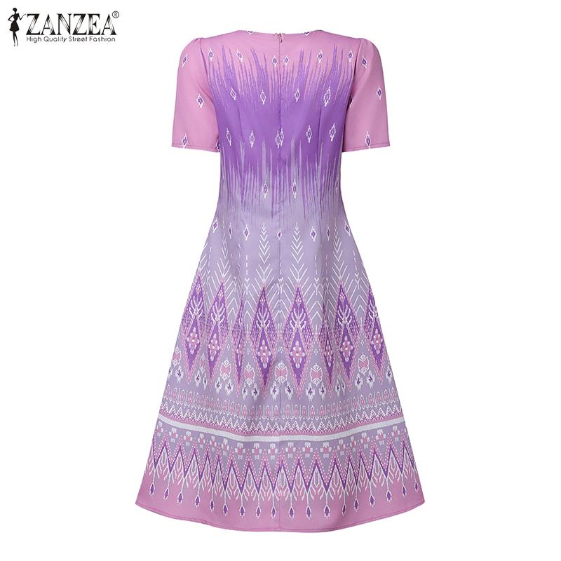 ZANZEA Women Summer Round Neck Short Sleeve Casual Print Elegant Dress