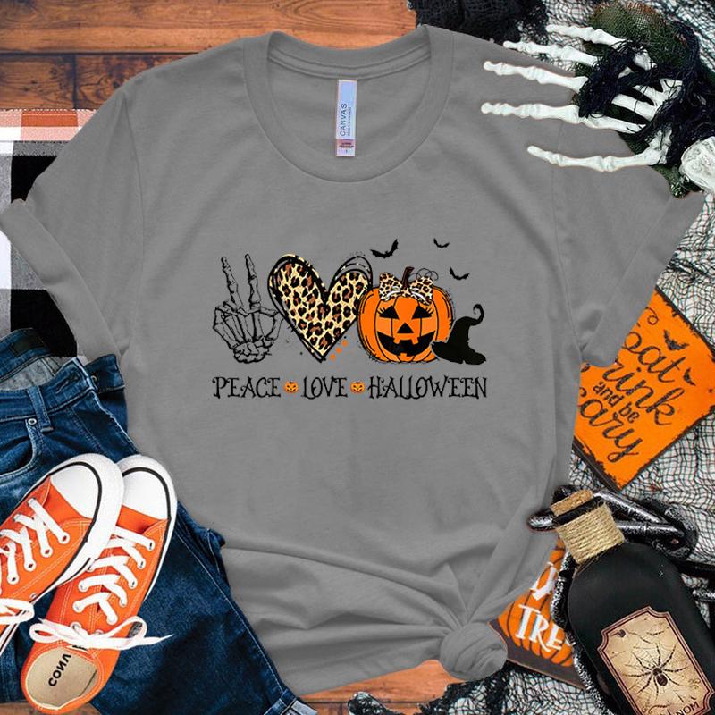 

Новые футболки с принтом Peace Love Halloween для женщин и мужчин, летняя футболка, Харадзюку, повседневные, с круглым вырезом, с коротким рукавом S