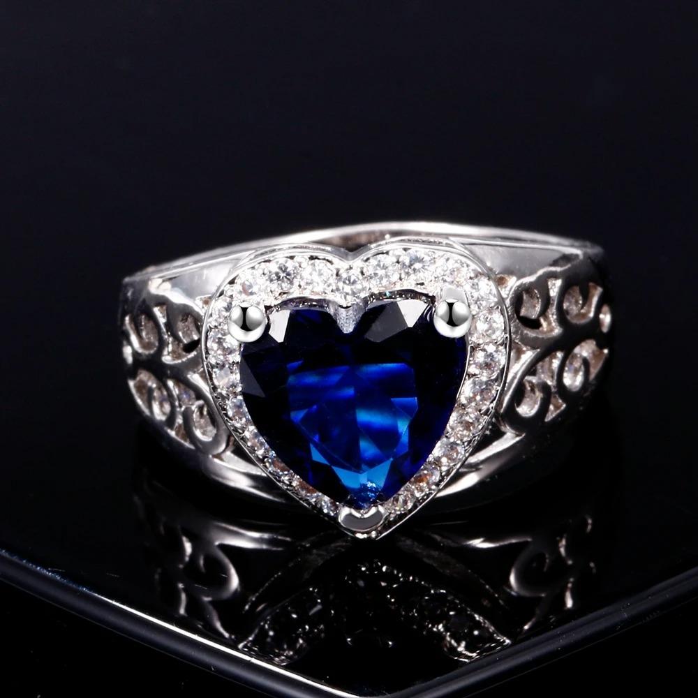 Anniversary Heart Ring,Blue Sapphire Center with Diamond-Cut Zircon Halo in Polished Silver,Bridal Jewelry Gift for Her