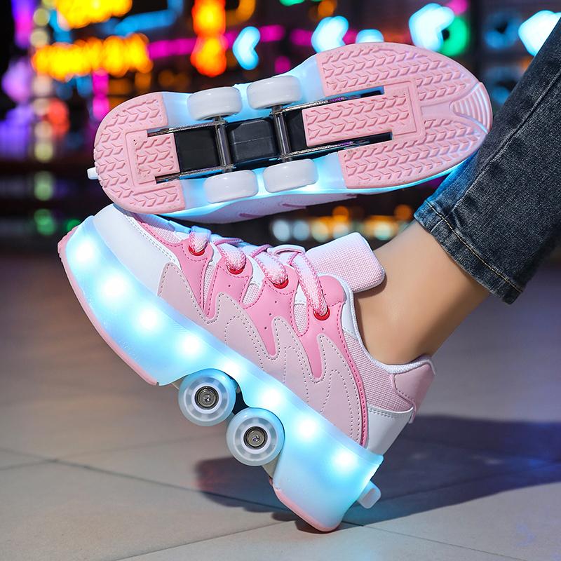 Kids Roller Roller Shoes 4-wheel Deformation Shoes Roller Skates Adult Rechargeable LuminousSkating Shoes