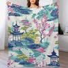 GUOYU Decke Überwurfdecke Chinoiserie Anthrazit Koralle Pagode Flanell Fleece Überwurfdecke Japanischer Asiatischer Stil Decke Pagode und Blume