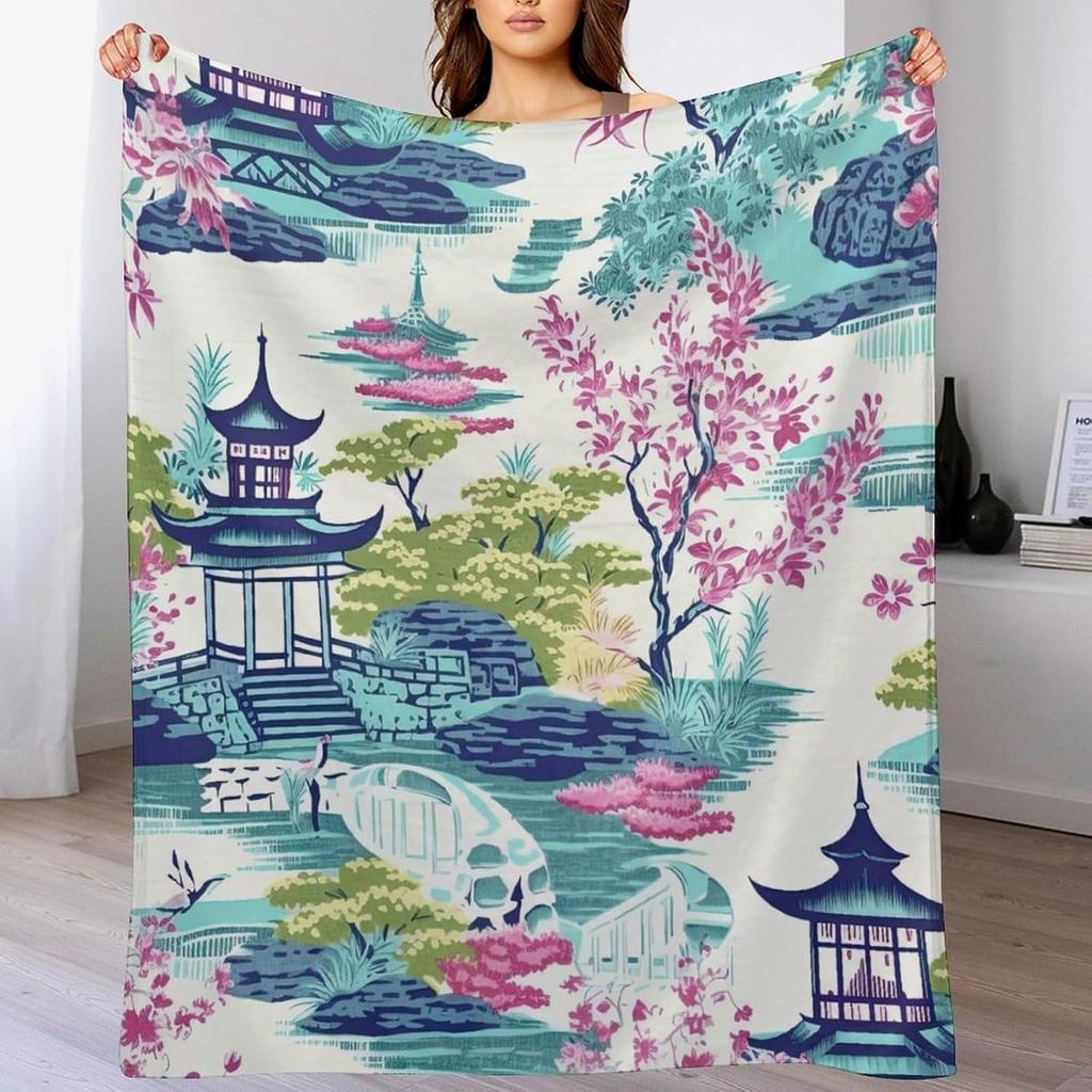 GUOYU Decke Überwurfdecke Chinoiserie Anthrazit Koralle Pagode Flanell Fleece Überwurfdecke Japanischer Asiatischer Stil Decke Pagode und Blume