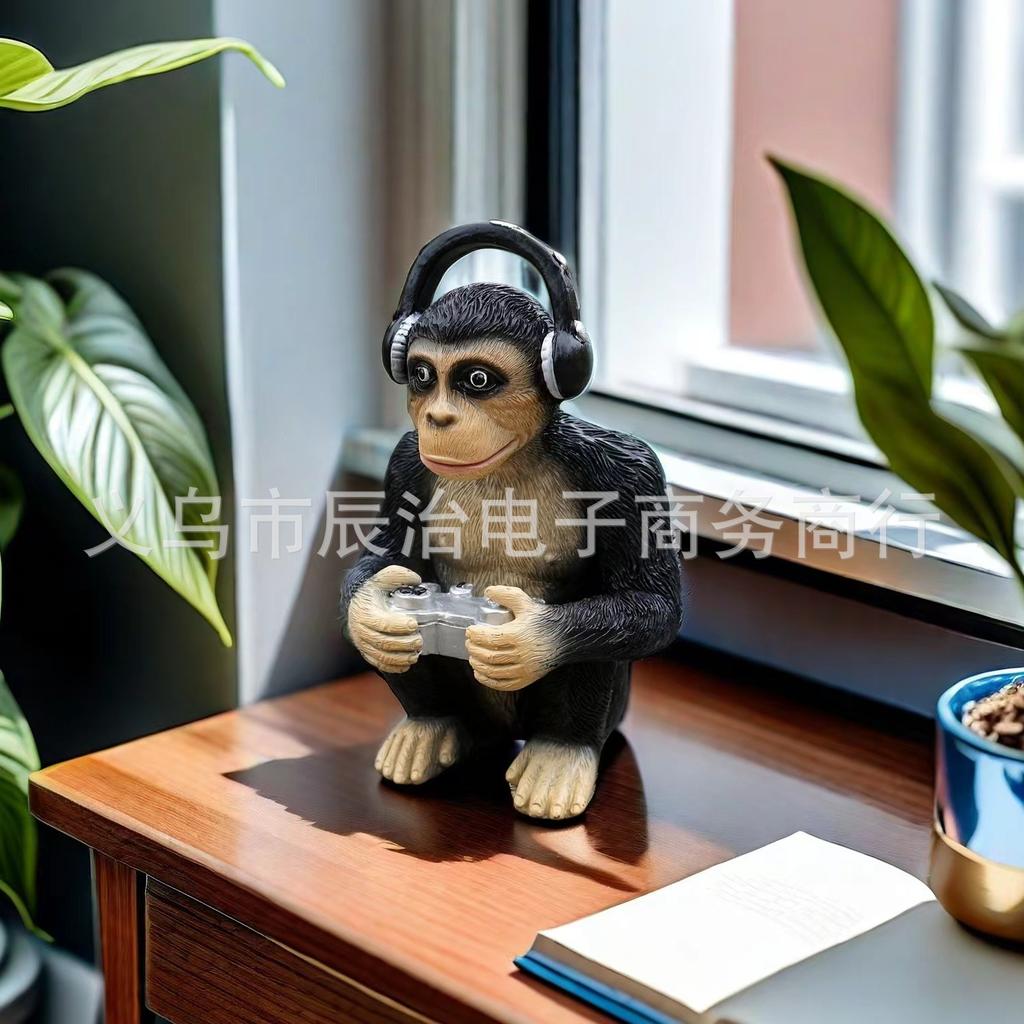 Gorilla with earphone resin ornament, creative gorilla doll, home, garden, lawn ornament