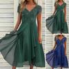 Women's V-Neck Floral Lace Chiffon Dress Short Sleeve Bridesmaid Formal Long Dress Flowy A-line Prom Cocktail Party Dress