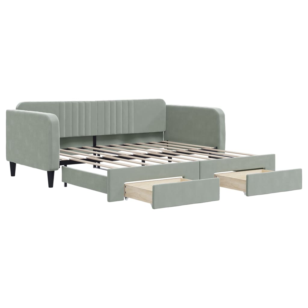 Extendable Daybed with Drawers Light Grey 100 X 190 Cm Velvet