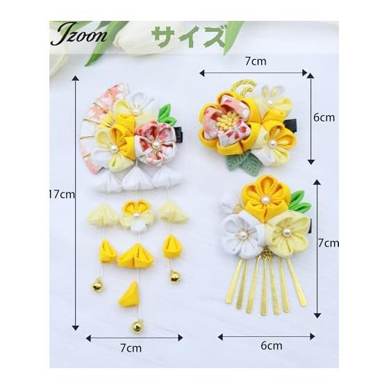 JZOON 3-Piece Tsumami Zaiku Hair Accessory Set for Shichi-Go-San, Coming-of-Age Ceremony, Yukata, Hakama, Kimono, Furisode, Japanese Attire, Flowers,