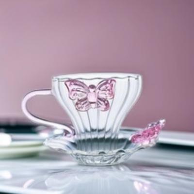 Single Layer Transparent Glass Tea Set Coffee Cup with Coaster Chinese Simple Striped Narcissus Lady Pink Gift Box