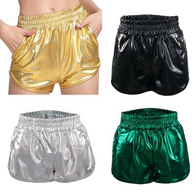 Short métallique brillant pour femme, taille haute, élastique, pour le yoga, la danse et les discothèques