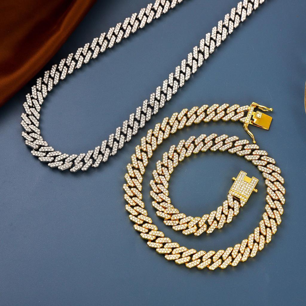 Cuban Chain, 12mm, Diamond Shaped, Men's and Women's Necklace, Rhinestone, Button, Sweater Chain, Light Luxury and High-end Feel, Hip-hop Style