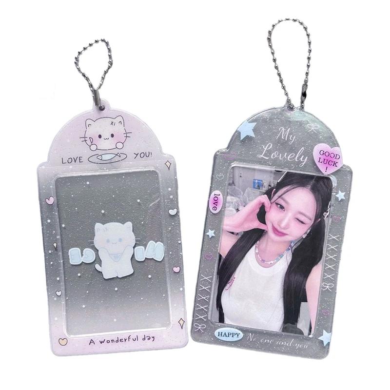 Transparent Glitter Hearts Photo Card Holder Kpop Meal Card Bus Card Sleeves Photocard Protective Cover Pendant 1PC