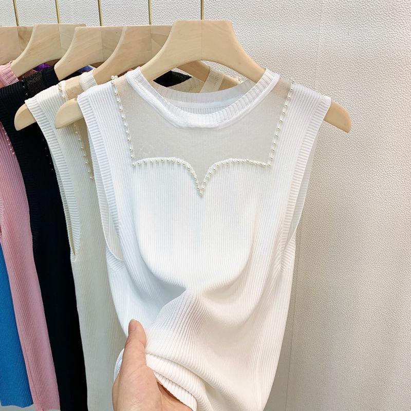 New Summer Ice Silk Suspender Vest for Women's Thin Gauze Mesh Bead Base Large Size Slim Sleeveless Knitted Sweater