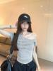 Women's Off Shoulder Short Sleeve Crop Top Slim Fit Vintage Letter Print T Shirt Summer Y2K Casual Spice Girl Blouse