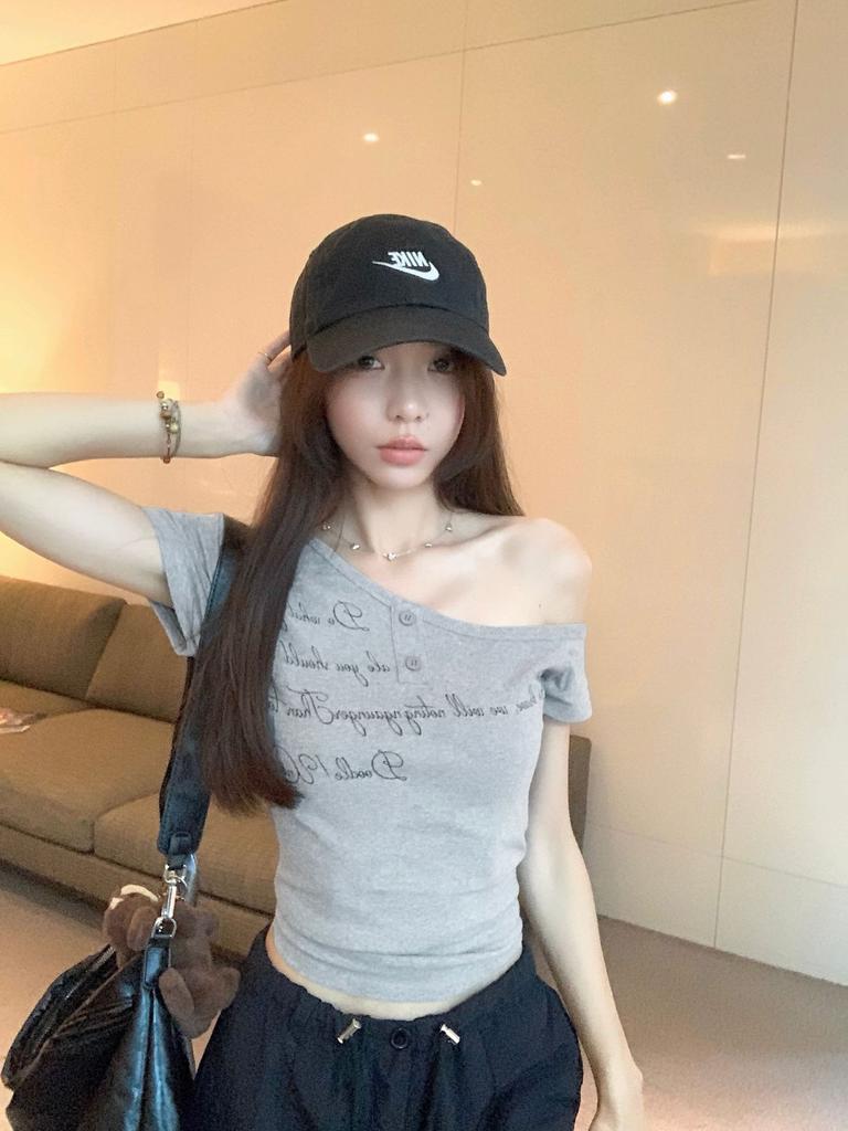 Women's Off Shoulder Short Sleeve Crop Top Slim Fit Vintage Letter Print T Shirt Summer Y2K Casual Spice Girl Blouse