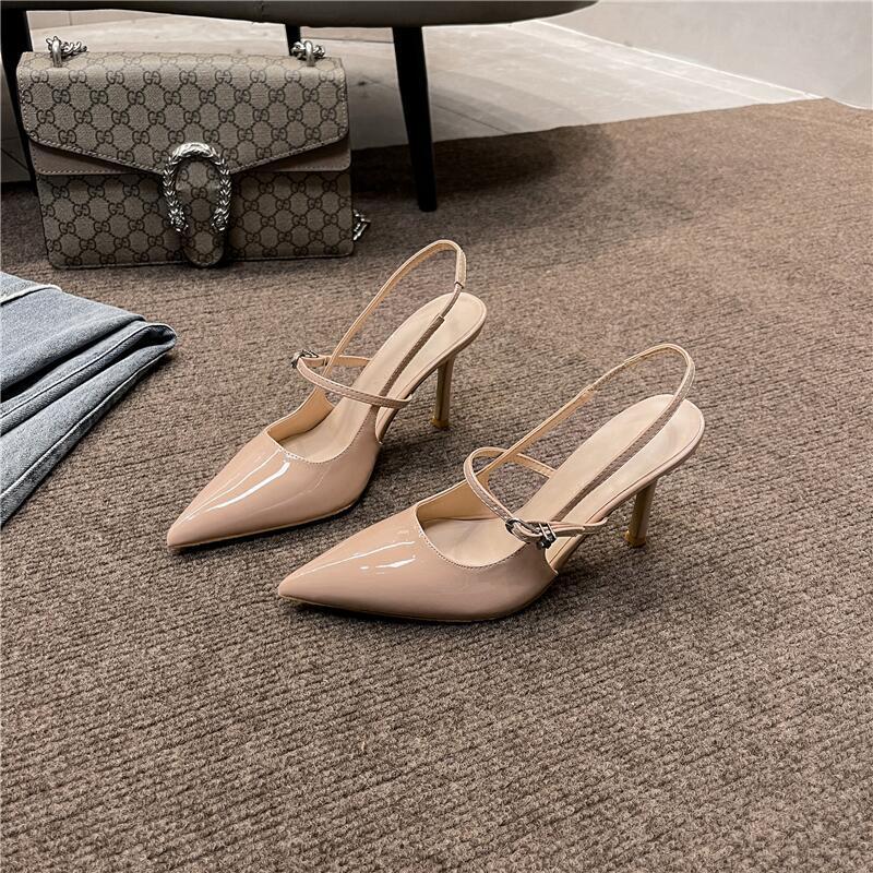 

Женские туфли-лодочки телесного цвета с острым носком, новинка осени 2025 года, из лакированной кожи, с открытой пяткой, темпераментные туфли-лодочки, черные туфли-стилет, летние сандалии 34