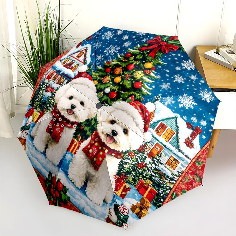 Two Bichon Pattern, Automatic Folding Umbrella, Portable and Foldable Design, 8 Ribs, a Christmas or Birthday Gift.