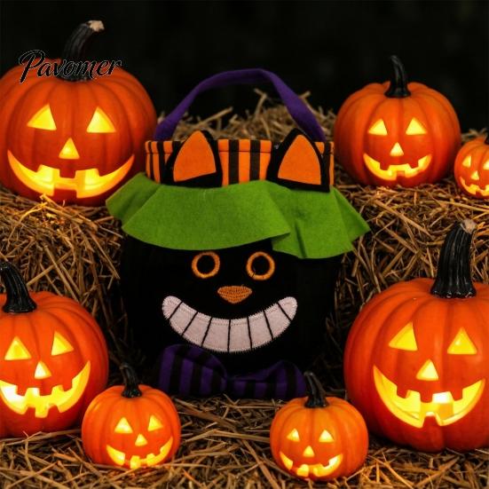Halloween Costume Accessories Candy Bags for Kids, Trick or Treat Handbag with Handle, Spooky Durable Carrying Witch Ghost Black Cat Pumpkin