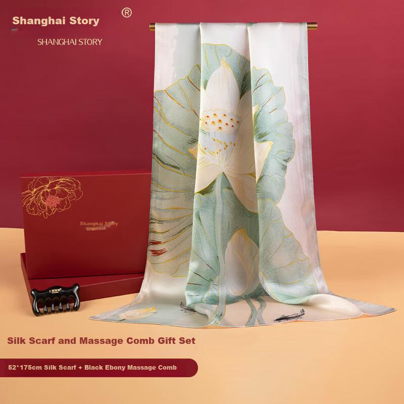 Shanghai Story Silk Scarf for Women with Ebony Wood Massage Comb Gift Box 100% Mulberry Silk Satin Scarf Practical Birthday Gift
