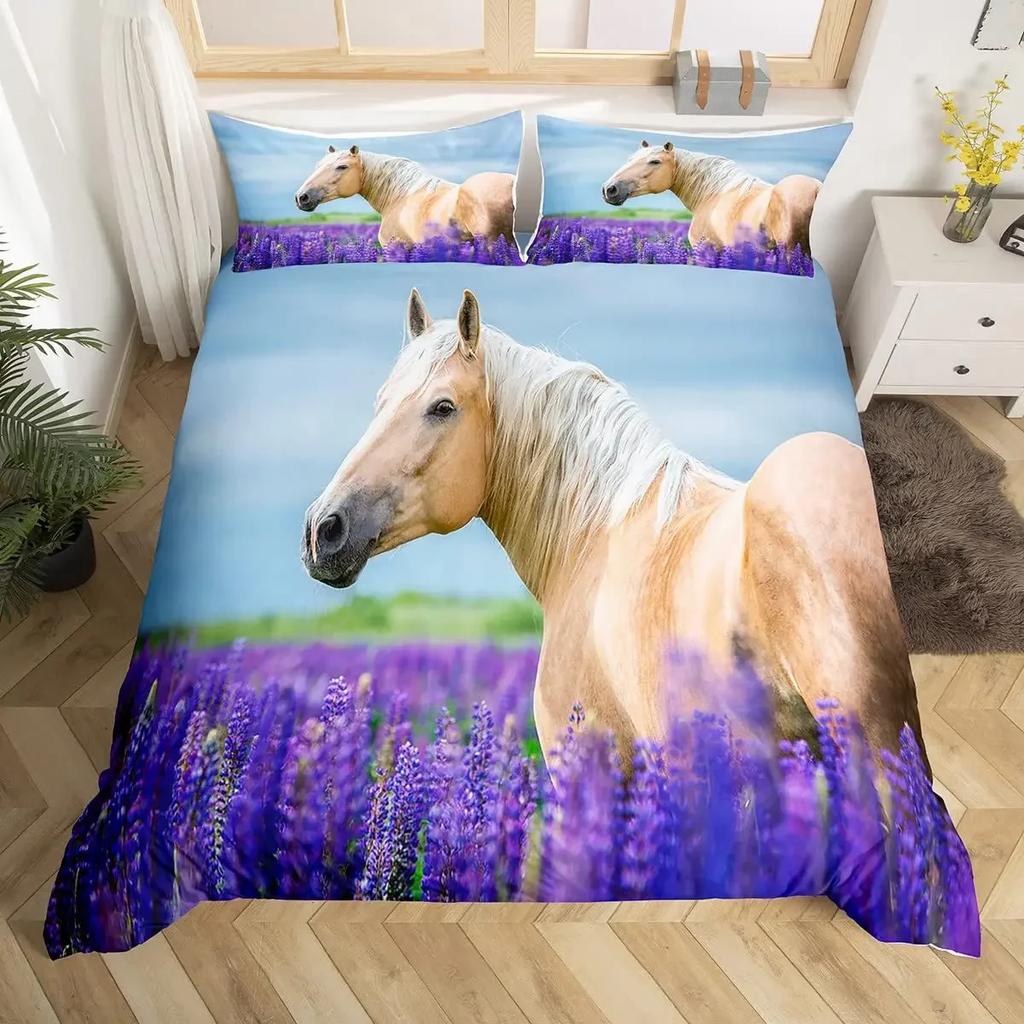 3D Horse Duvet Cover King Queen Size Yellow Sunflower Bedding Set Floral Animal Theme Quilt Cover Wildlife Soft Comforter Cover