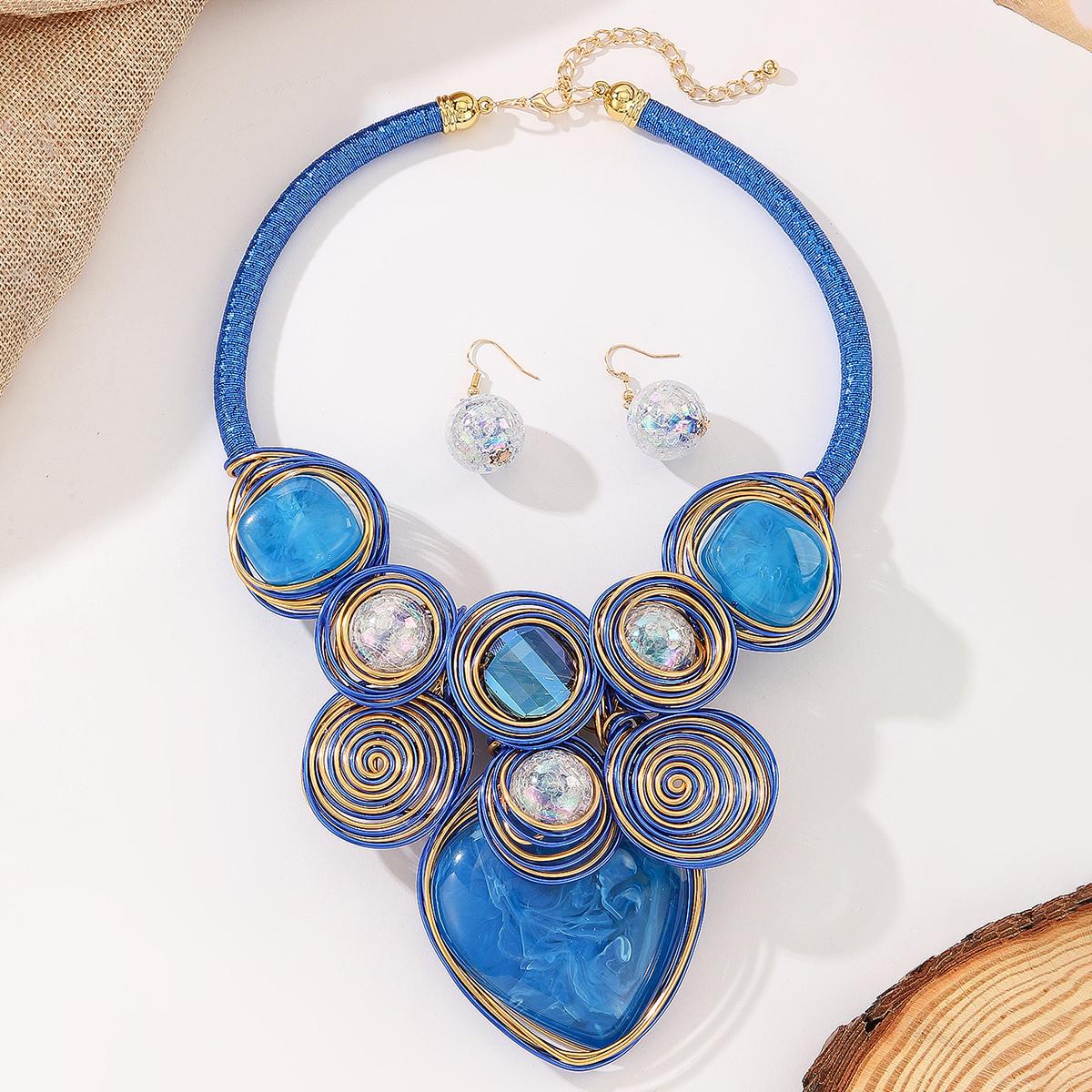 Statement Jewelry Set Resin Gem Crystal Beads Aluminum Wire Handmade Woven Necklace Earrings Women Party Accessories синий