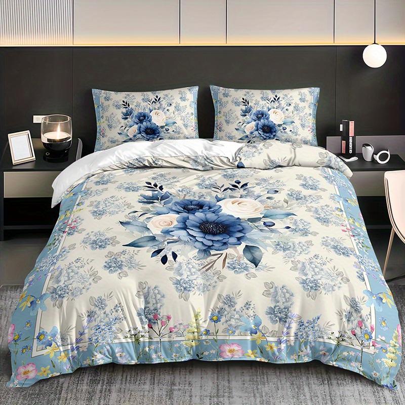 Set di 3 Copripiumini Blu Floreali ad Acquerello Set Copripiumino Romantico con Bouquet Set Copripiumino Floreale Tematico Bohemian