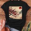 Unisexs Vintage Japanese Print Tshirt Cherry Blossom Red Sun Design Short Sleeve Crew Neck Casual Unisexs And Unisexs T Shirt