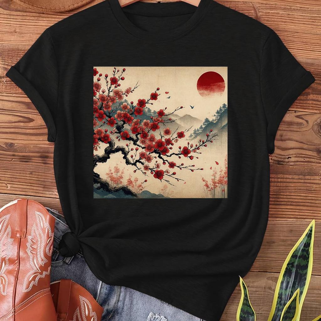 Unisexs Vintage Japanese Print Tshirt Cherry Blossom Red Sun Design Short Sleeve Crew Neck Casual Unisexs And Unisexs T Shirt