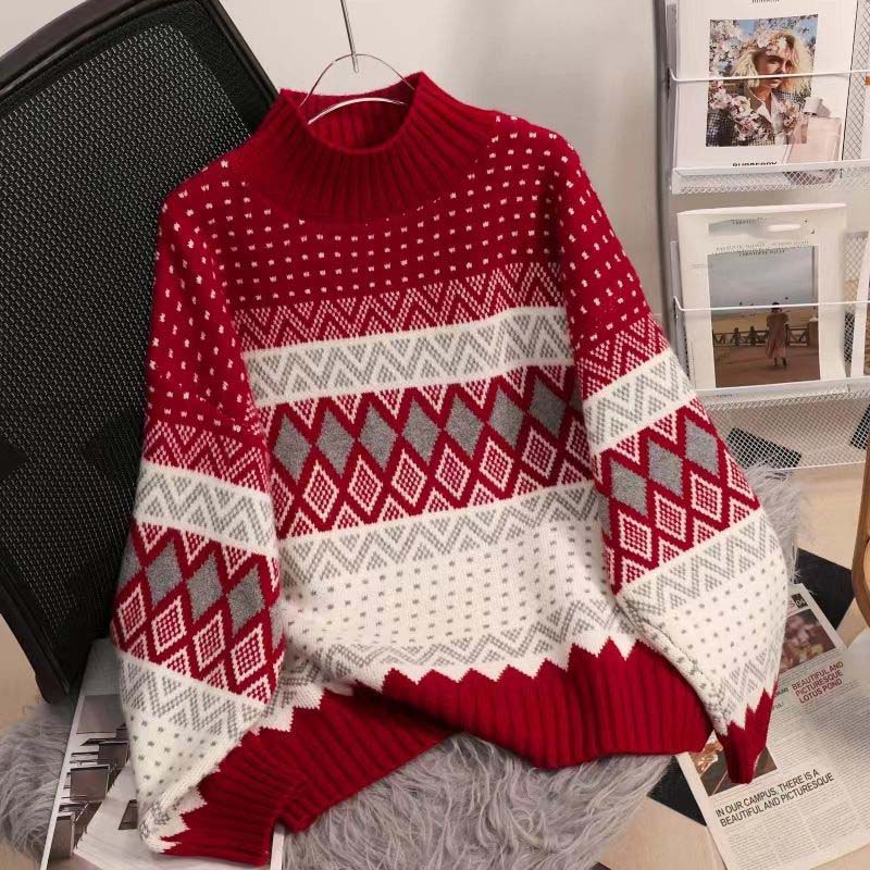 

Свитер для женщин Осень Зима Утепленный Теплый Вязаный Эластичный С длинным рукавом Топы XXL красный