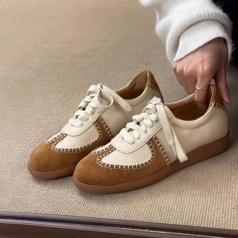 

Cowhide version~ American retro German training shoes sports shoes women s platform casual board shoes versatile color matching lace-up white shoes 40 коричневый
