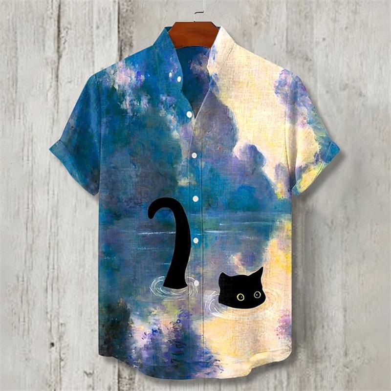 Cartoon Cat Short Sleeve Shirt Vintage Art Fish Print Men's Summer Shirt Casual Holiday Street Clothing New Collection