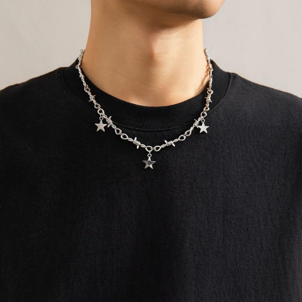Hip Hop Personality Sliver Color Star Tassel Pendant Thorns Knot Chains Necklace for Women Men Fashion Y2k Collar Chain Jewelry