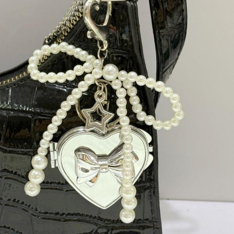 Elegant Bowknot Heart Shaped Mirror Keychain For Handbags Detachable Beauty Tool Unique Gift For Women Girls