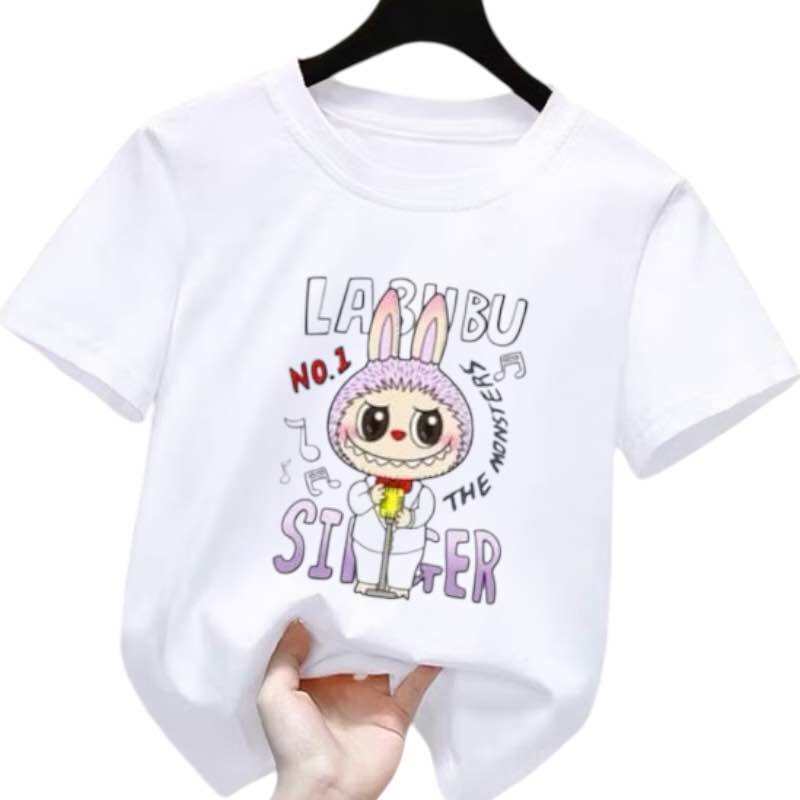 New Labubu Children's T-shirt Scarf Musician LABUBU Pattern Girl Round Neck Short Sleeve Casual Versatile Clothing