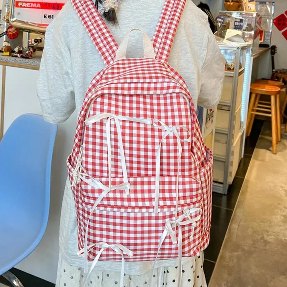 New Ribbon Bow Students Backpack Y2k Large Capacity School Bag Plaid College Backpack Students