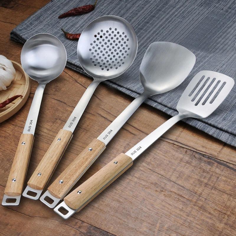 Wooden Handle Wok Spatula 304 Stainless steel spatula cooking Utensils spoon long handle Large Size turner Fried Steak Shovel