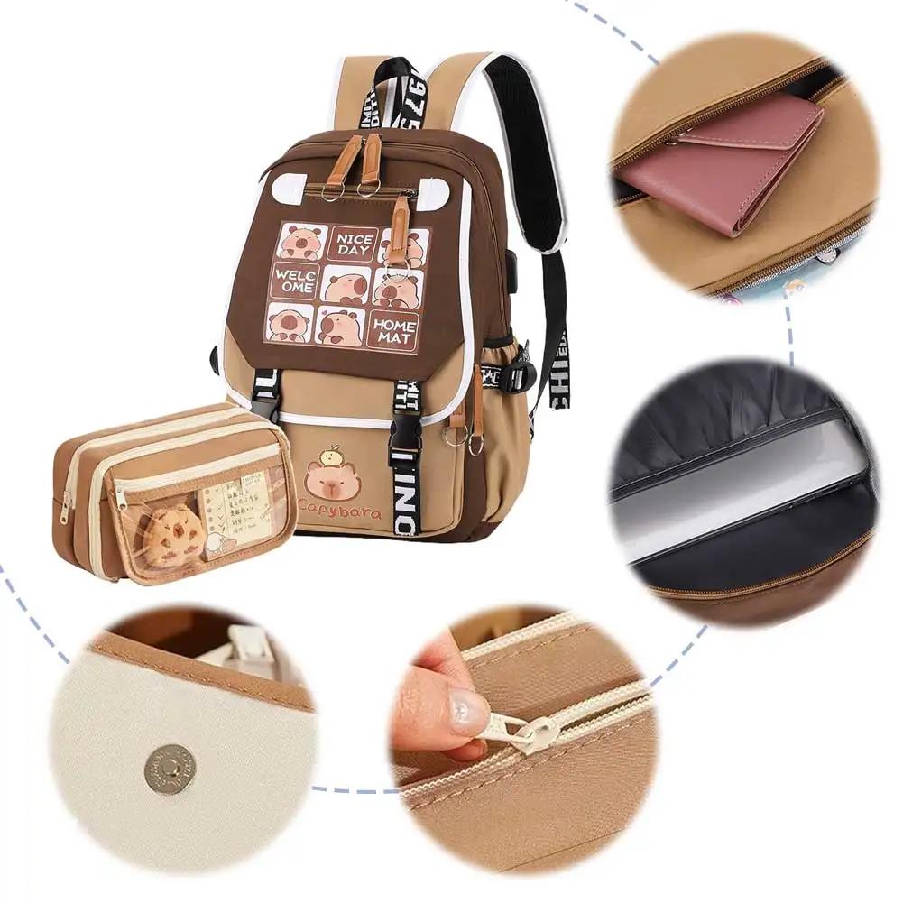 Capybara Flap Backpack with Pencil Case Fashion Casual Nylon Cute Bag Large Capacity Bookbag Animal Cartoon Daypack for Teens