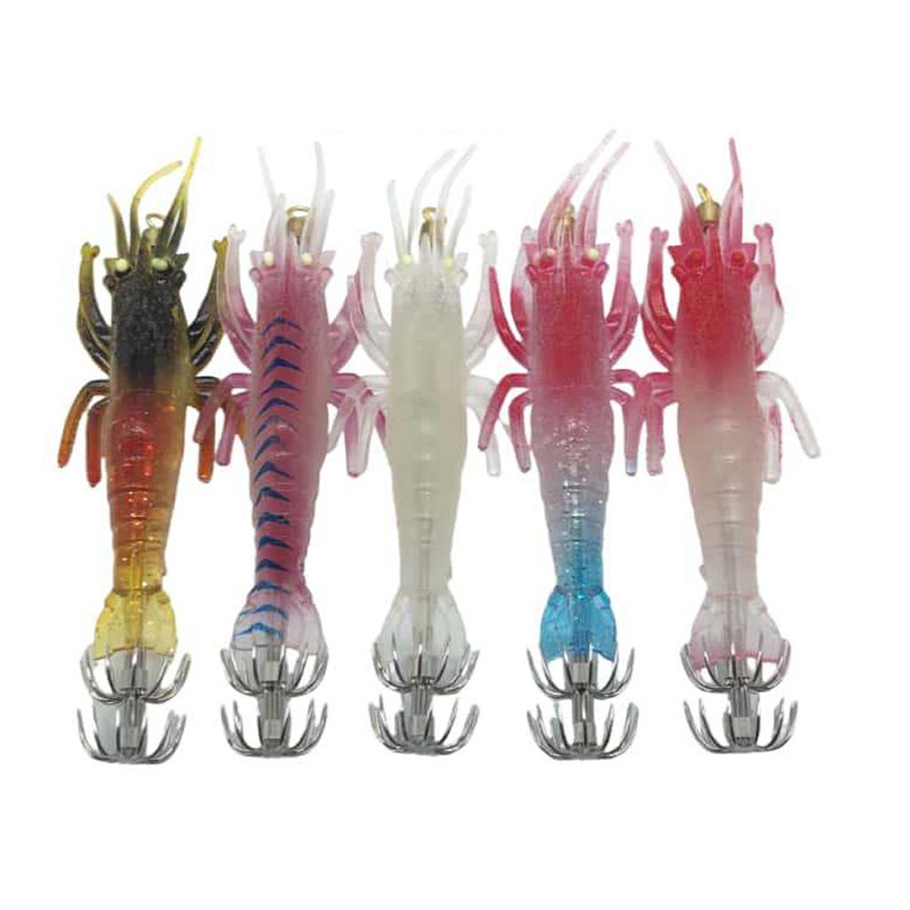 5pcs Luminous Shrimp Squid Jig Hooks PVC Shrimp Squid Bait Cuttlefish Octopus Fishing Lures 5pcs