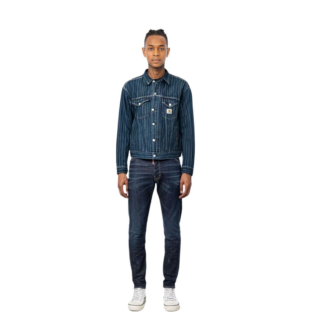 Carhartt WIP Striped Collar Single-Breasted Pocket Denim Jacket Unisex Jackets Dark-Blue CHXJKI033011M-BLA