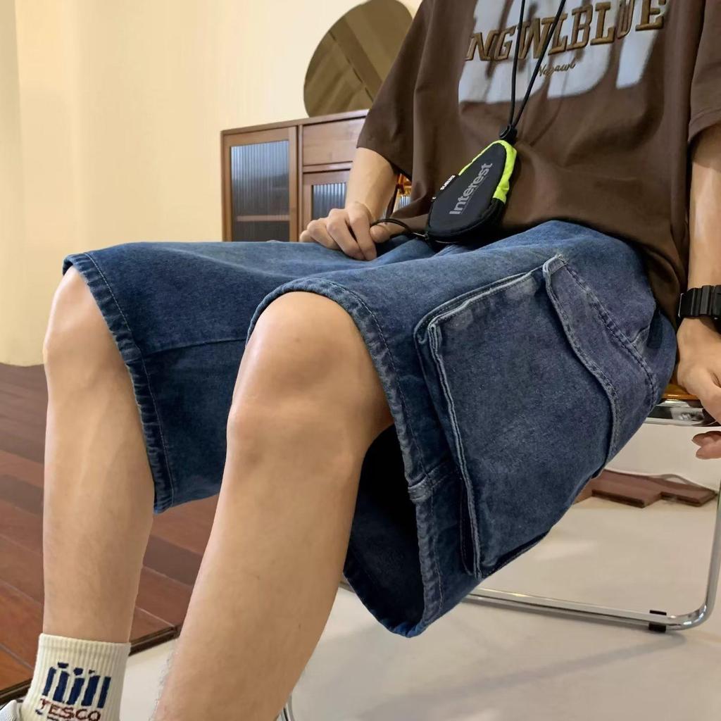 Men's High Street Solid Color Summer Work Shorts with Large Pockets - Trendy Five-Point Style.