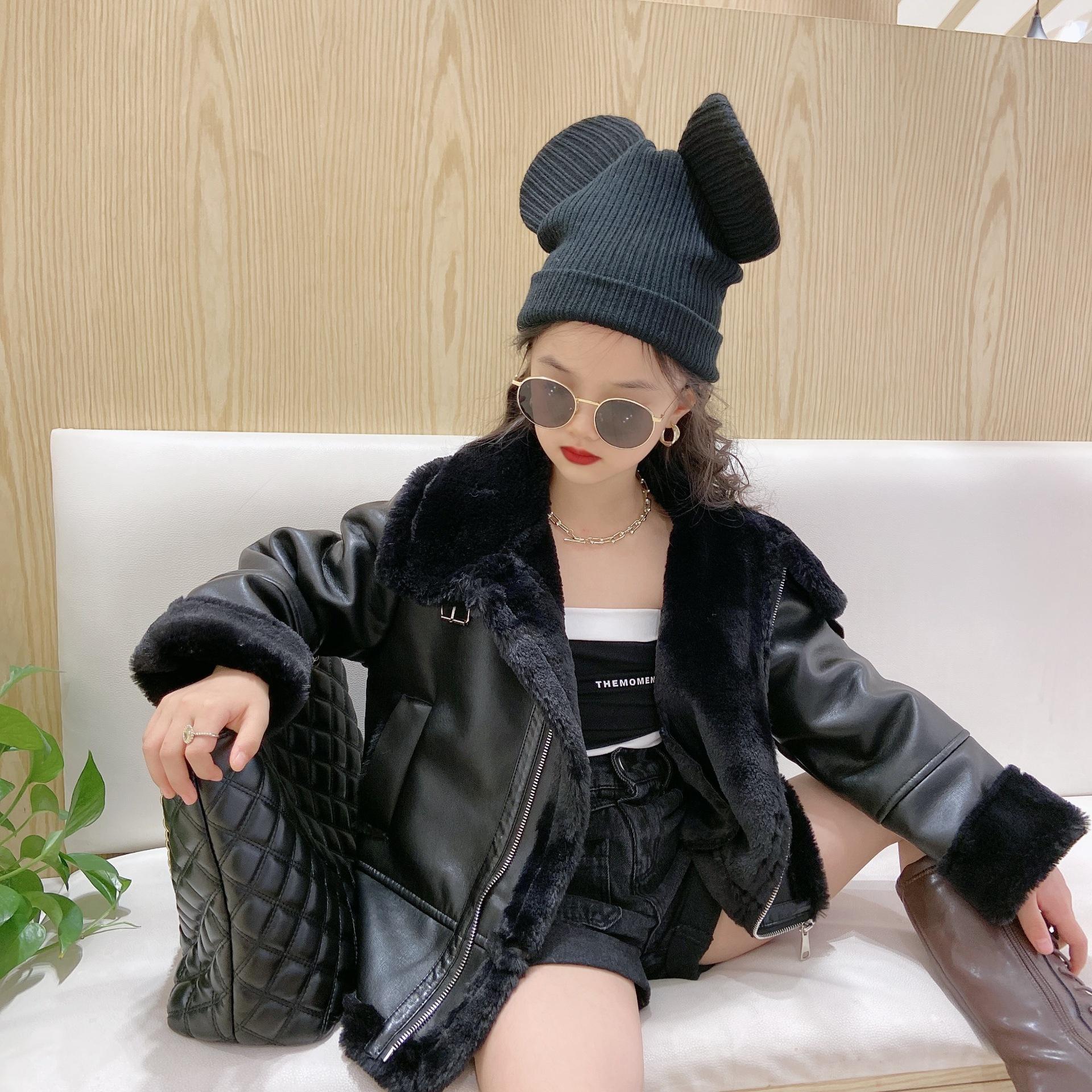 

Теплая кожаная куртка для девочек, утепленное хлопковое вязаное детское пальто, детская одежда из искусственного меха 150 чёрный