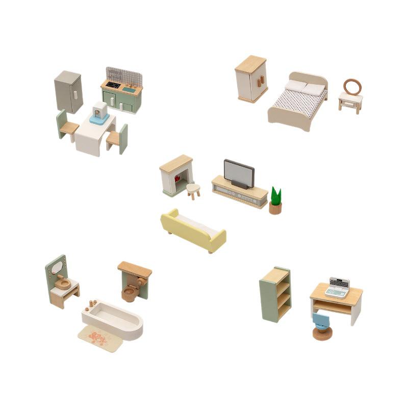 Mini Wooden Dollhouse Furniture Set for Kids: Kitchen, Bedroom, Bathroom Play Accessories