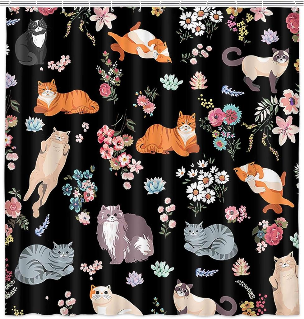 Cat Shower Curtain Black Cute Funny Floral Kitten Boho Bathroom Shower Curtain White Daisies Roses Cat Funny Shower Curtains