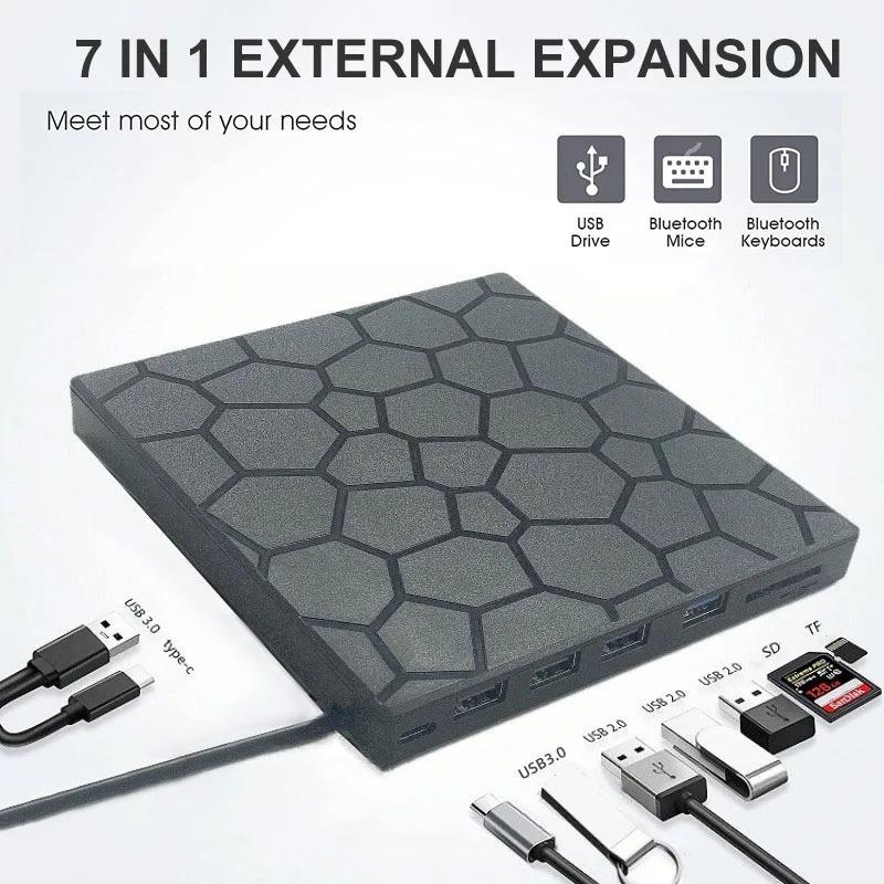 7 in 1 External DVD Drive with USB3.0&Type C DVD Burner Optical Disk Drive Recorder CD/DVD Player CD Writer for Laptop Desktop