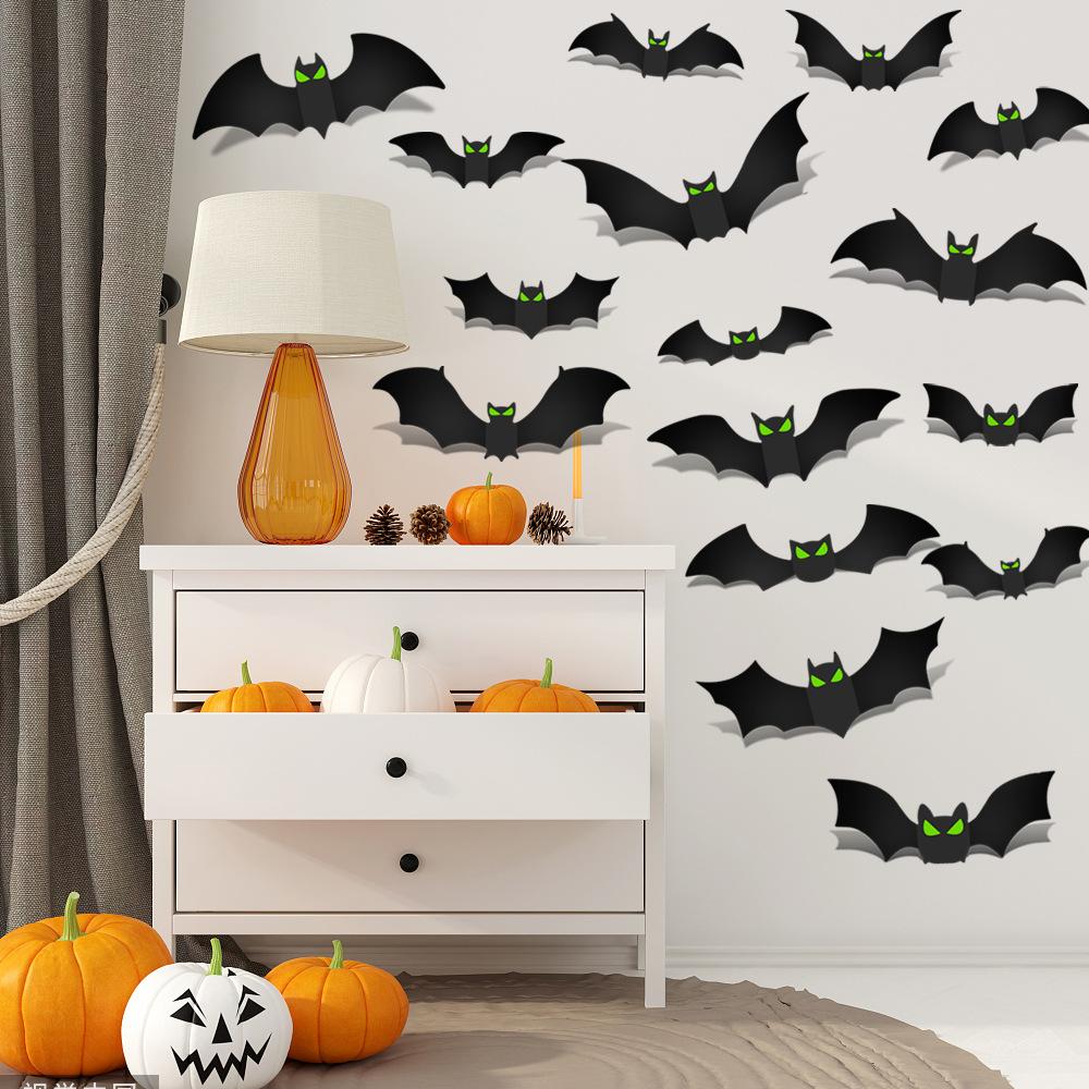 24pcs 3D Bat Halloween Wall Stickers Luminous Glowing Decals Horror Scene Party Decor Spooky Room Layout Removable Wall Art for Haunted House Atmosph