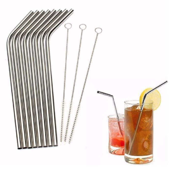Haute qualité eco friendly en acier inoxydable paille en métal potable paille réutilisable pailles brosse nettoyeur ensemble argent