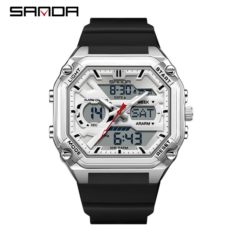 Sanda Men's Multifunctional Waterproof Electronic Watch - Trendy Timer with Dual Display & Three-Time Zone Outdoor Alarm.