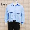 Multi-button Top Women Summer Shirt Lapel Long Sleeve Tops Basic Casual Commuting Style Cropped Single Breasted Flap Pockets Comfortable Long-sleeve