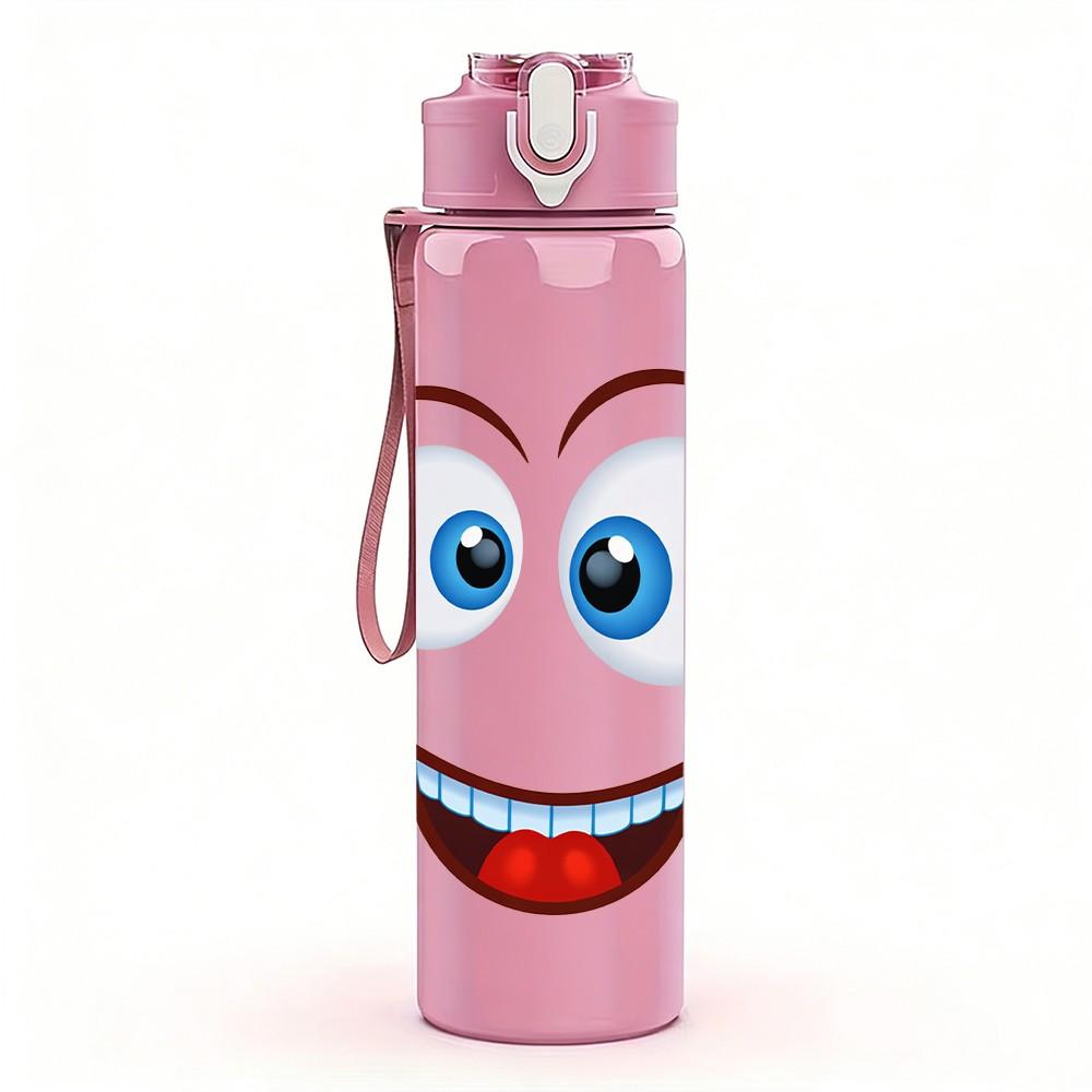 1PC Big Smile Funny Cartoon Face Print 750ml Color Plastic Sports Water Bottle Leakproof Flip Straw Lid Suitable for Sports Office Home Use