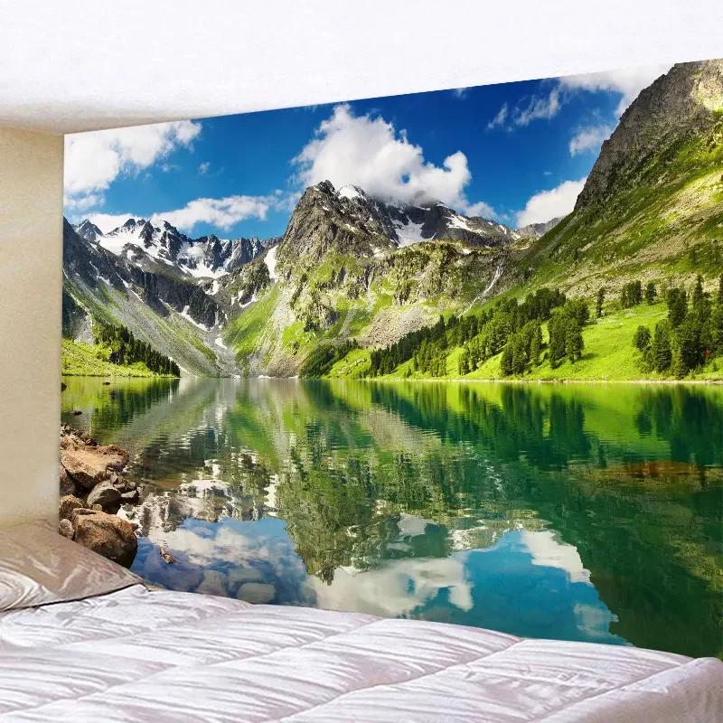 Large wall tapestry of natural forest chalet by the lake, hippie landscape art for home decoration, bohemian wall pendant inspired by nature