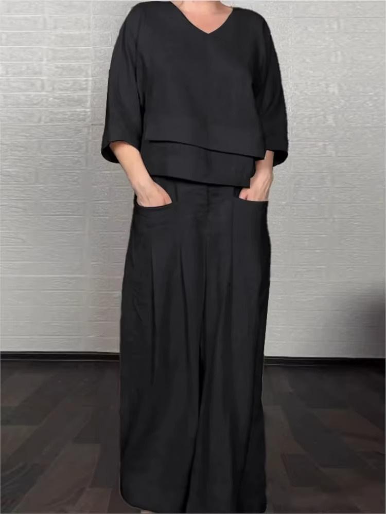 Women's V-Neck 3/4 Sleeve Top with Wide Leg Pants Set, Casual Loose Fit Outfit, Pocket Details